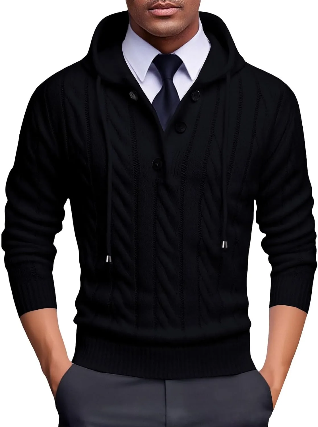 

Мужской свитшот с капюшоном и воротником на пуговицах