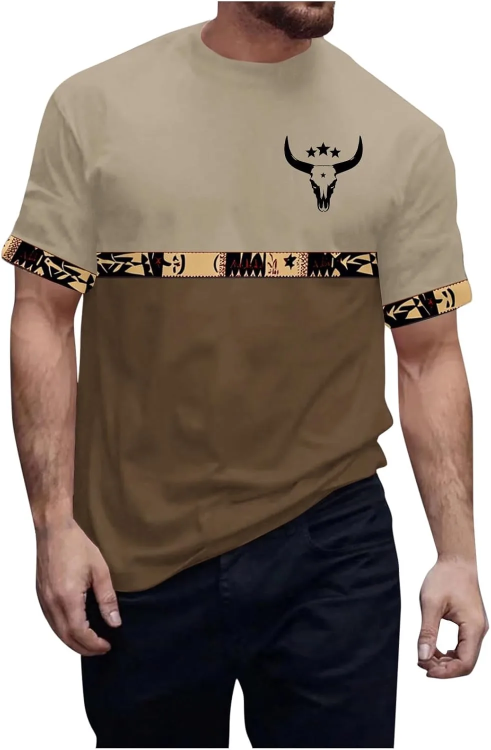 

Мужская футболка с этническим принтом и пачворком QUNPIU