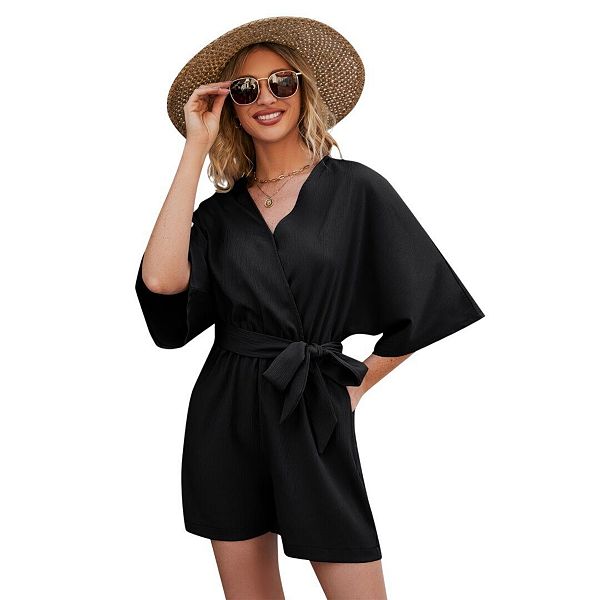 

Женский короткий комбинезон с V-образным вырезом, коротким рукавом и поясом Yesfashion, Black