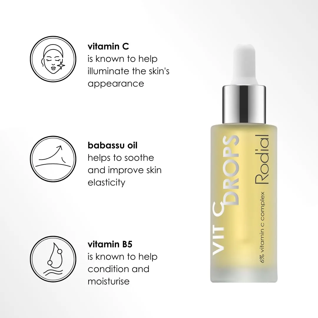 Сыворотка для лица Rodial Vit C Booster Drops, 30 мл, легкая, с витамином С, витамином В5 и маслом бабассу. Осветляющие капли для лица, придающие коже сияние и блеск. — фото 4