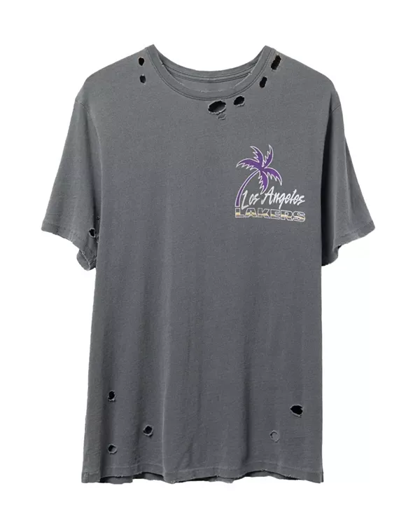 

Футболка унисекс с символикой НБА Лос-Анджелес Лейкерс в стиле луау, винтажная, разрушительная. Junk Food Clothing, серый
