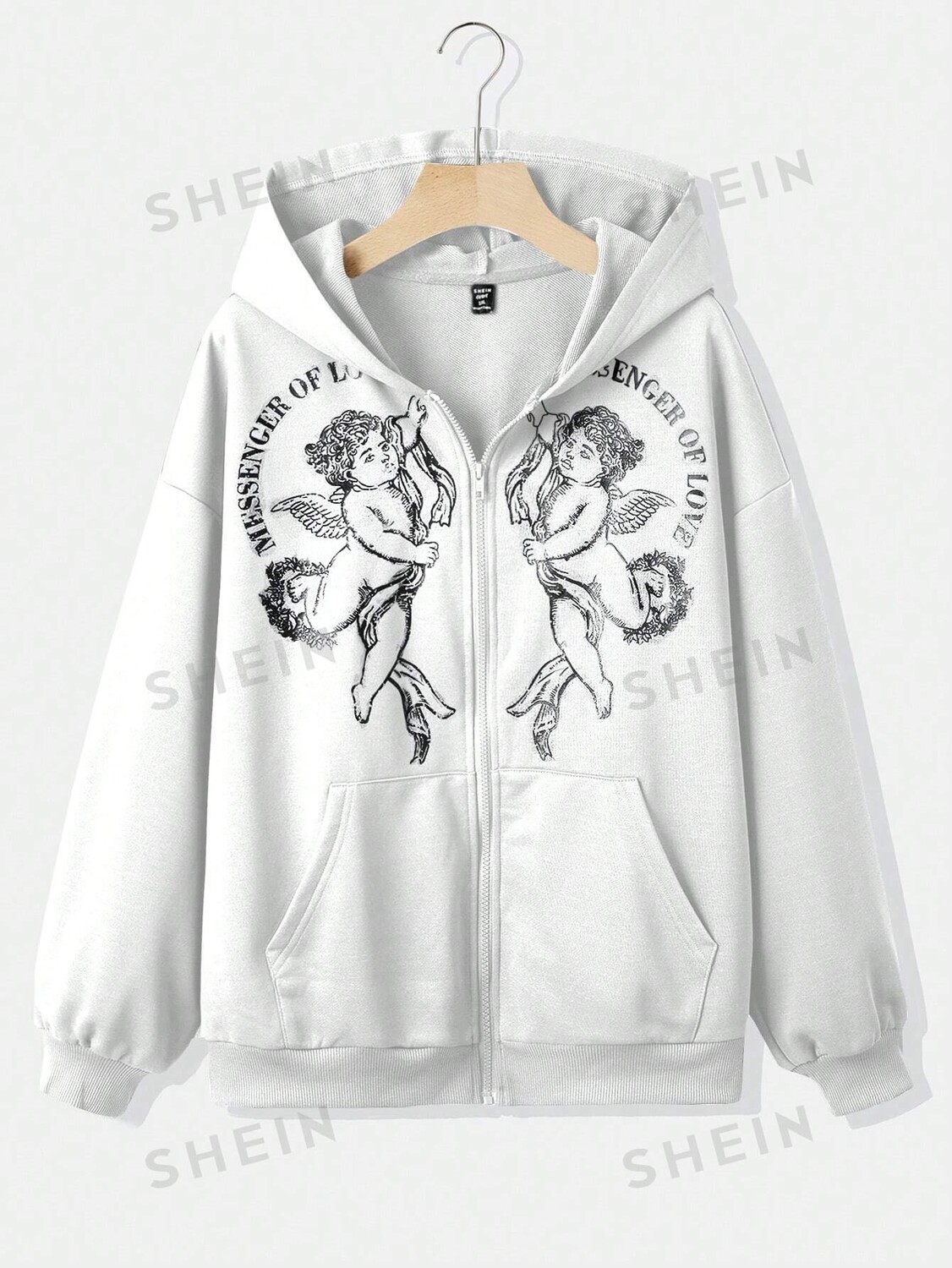 

EZwear Plus Size Женская простая толстовка с капюшоном и длинными рукавами с принтом Shein, белый