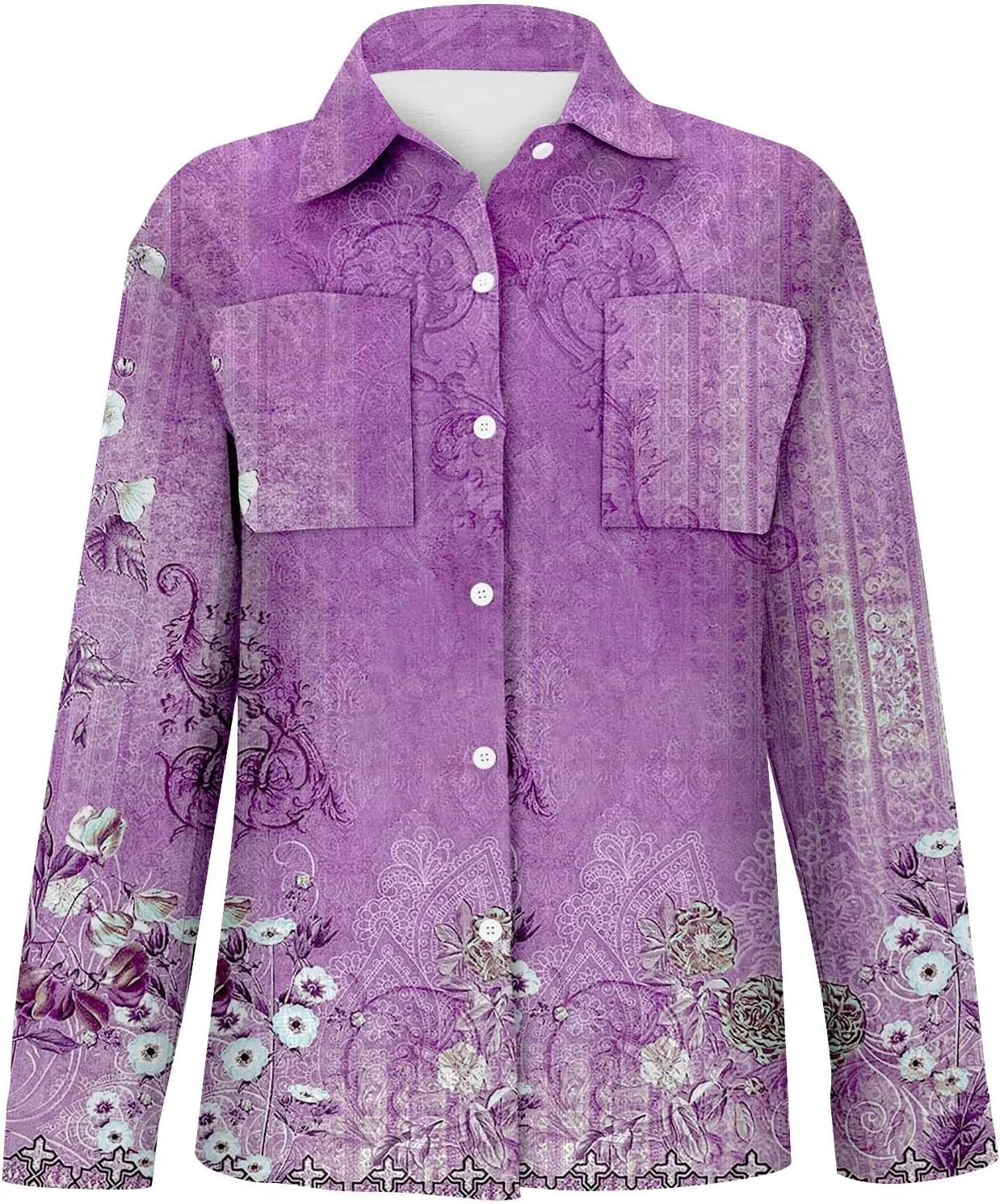 Блуза с принтом, длинный рукав Women Long Sleeve Printed Button Down Shirts, фиолетовый — фото 2