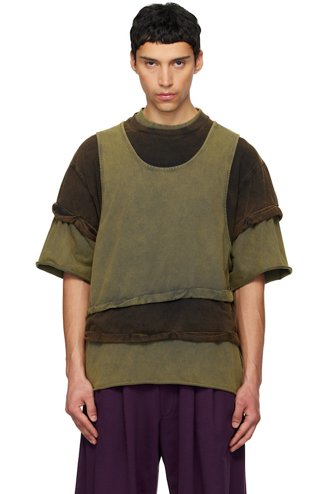 

We11Done Зелено-Коричневая трехслойная футболка с эффектом потертости