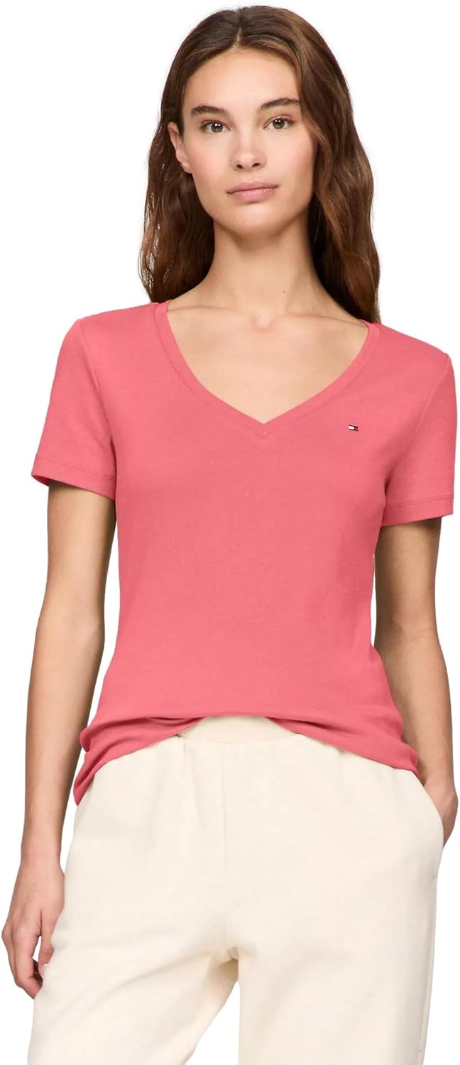

Женская футболка Tommy Hilfiger с коротким рукавом и V-образным вырезом, однотонная хлопковая, Light Crimson