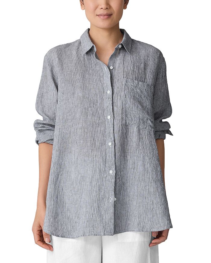 

Льняная классическая рубашка с длинным воротником Eileen Fisher, синий