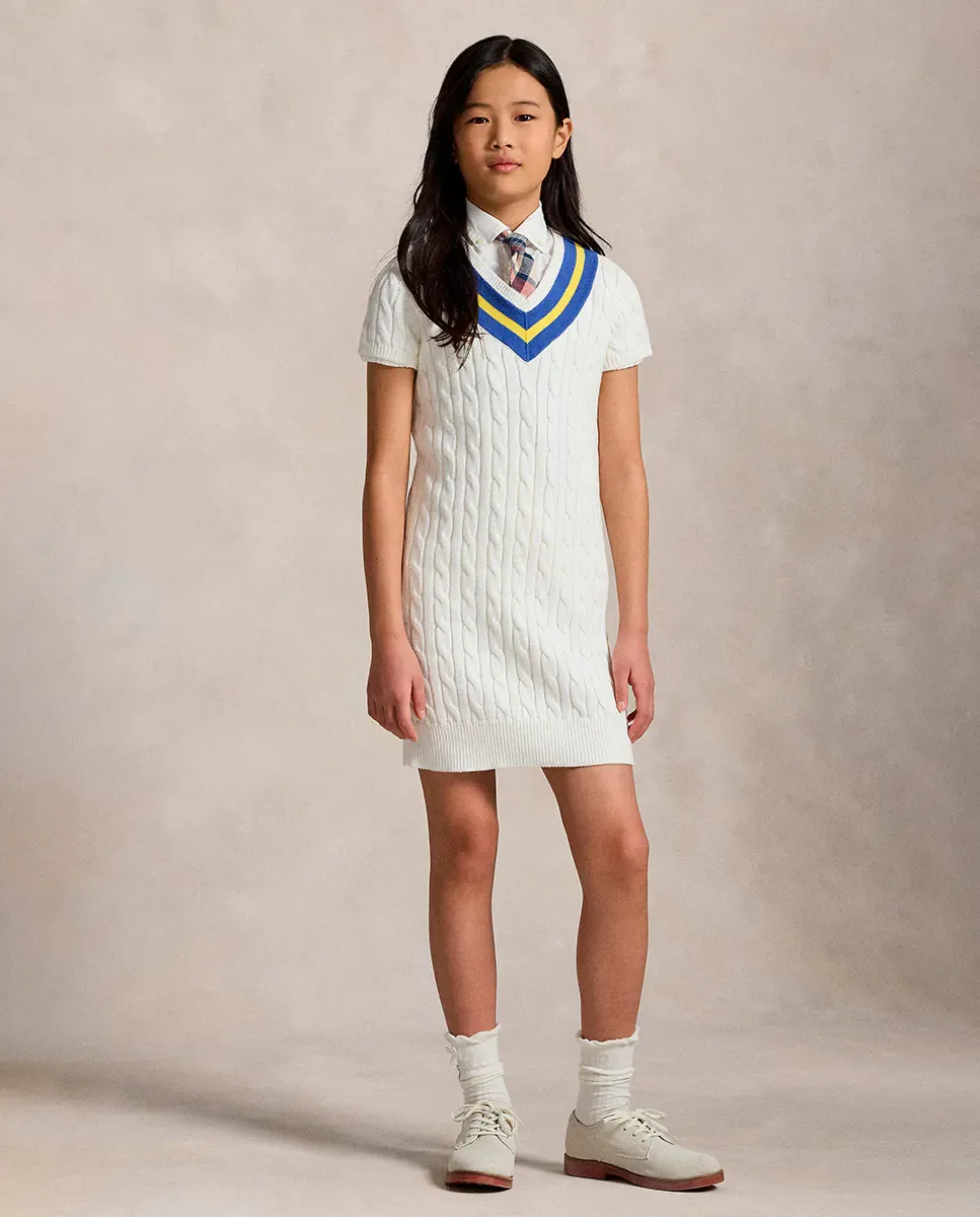 Детское платье из хлопка с узором "елочка" Polo Ralph Lauren, Blanco Roto