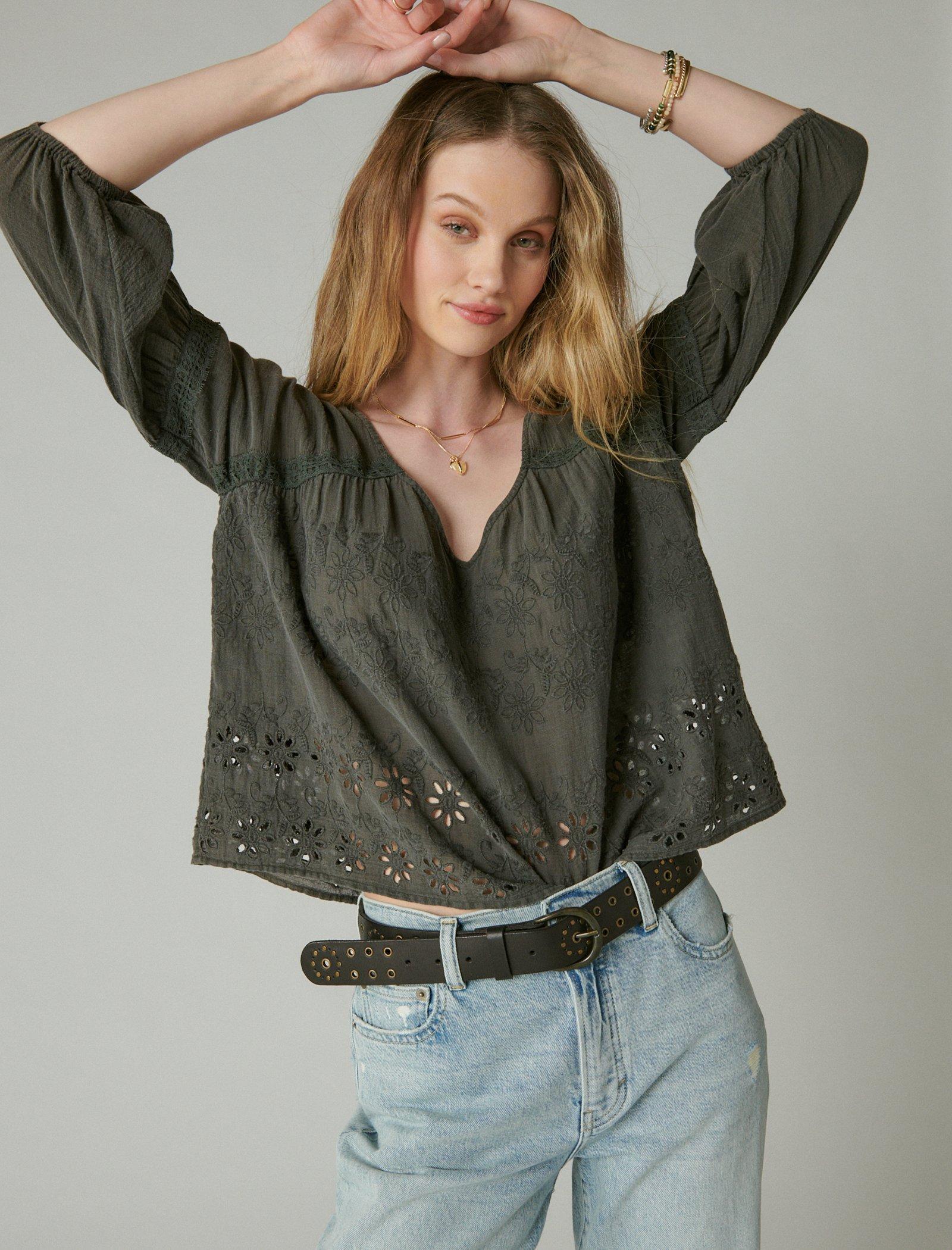

Женский топ в крестьянском стиле с вышивкой Lucky Brand, черный