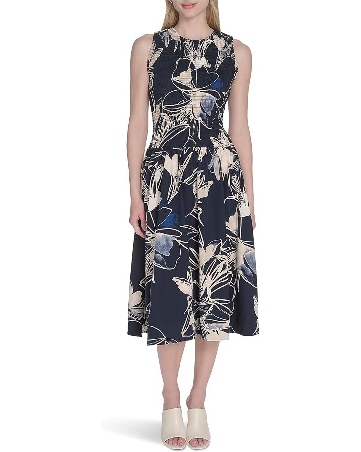 

Платье Calvin Klein Smocked Commuter Floral Dropwaist, индиго мульти
