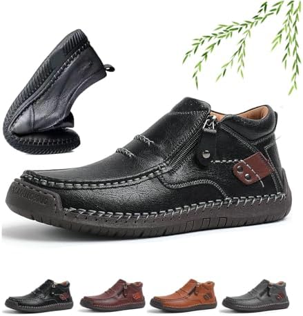 

Мужские туфли NoworFewer с боковой молнией, мужские кожаные ручной работы на платформе, ботинки Чакка до щиколотки, лоферы без шнурков для походов, вождения, мокасины, черный