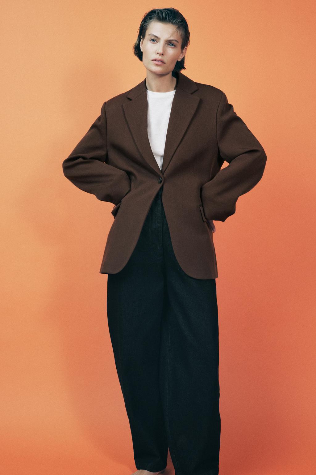 

Блейзер оверсайз из 100% шерсти ZARA, коричневый