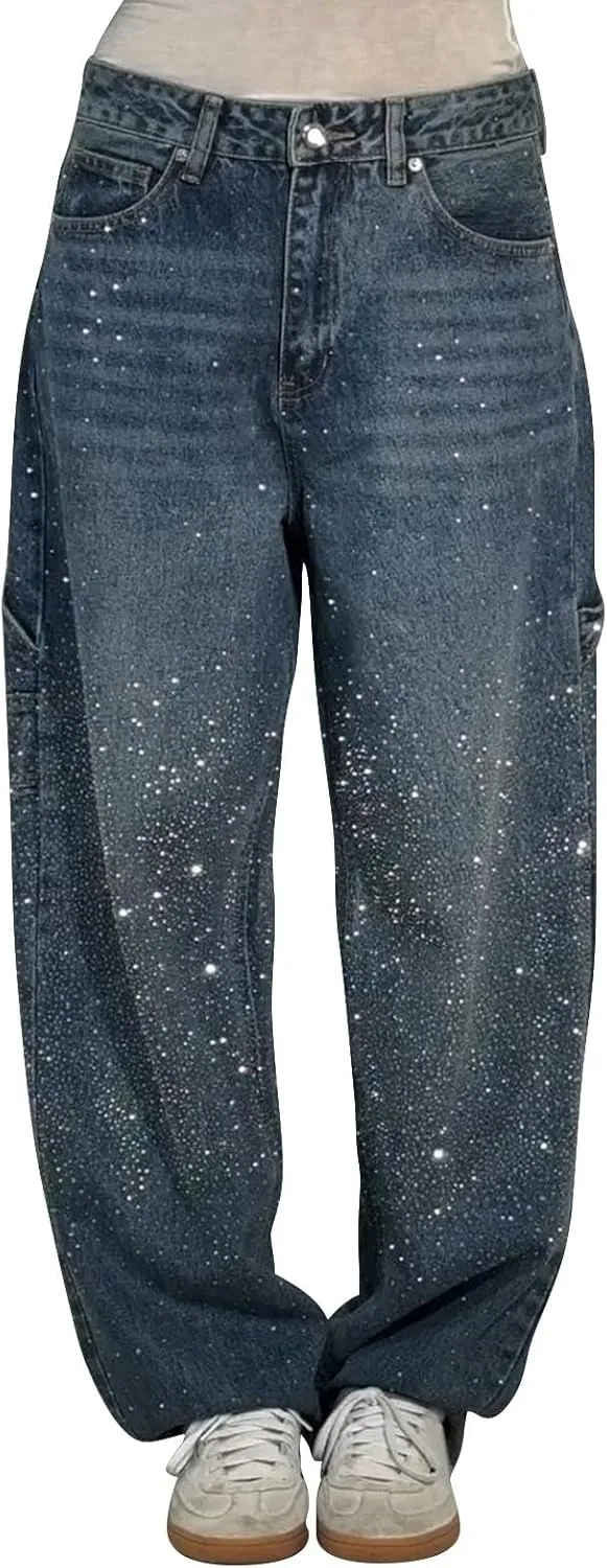 

Джинсы Rhinestone для женщин Plus Size High Waisted Baggy Wide Leg