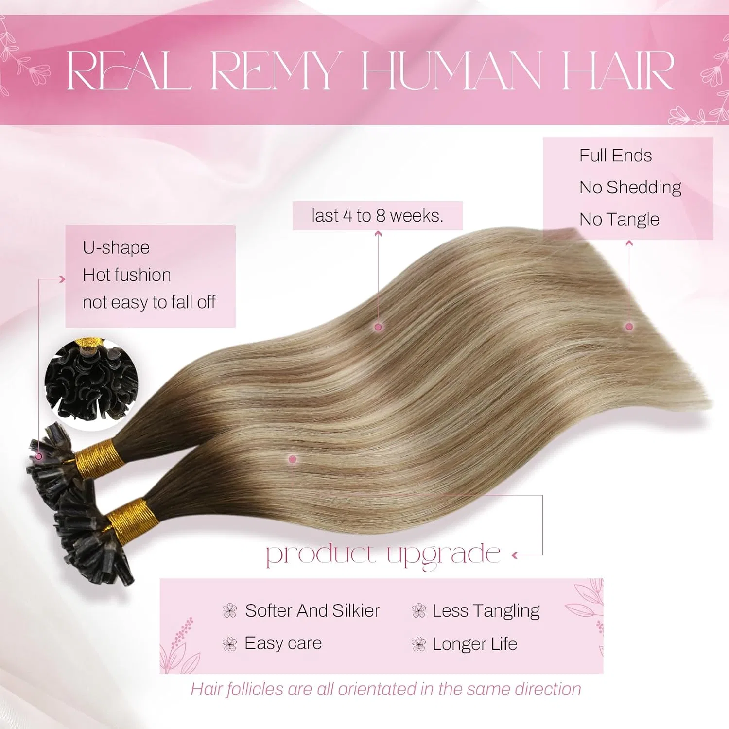 Наращивание волос Moresoo Remy Real Hair Extensions Bondings Hot Fusion, 35 см, темно-коричневый с блондом #3/8/22, 40 г Moresoo — фото 2