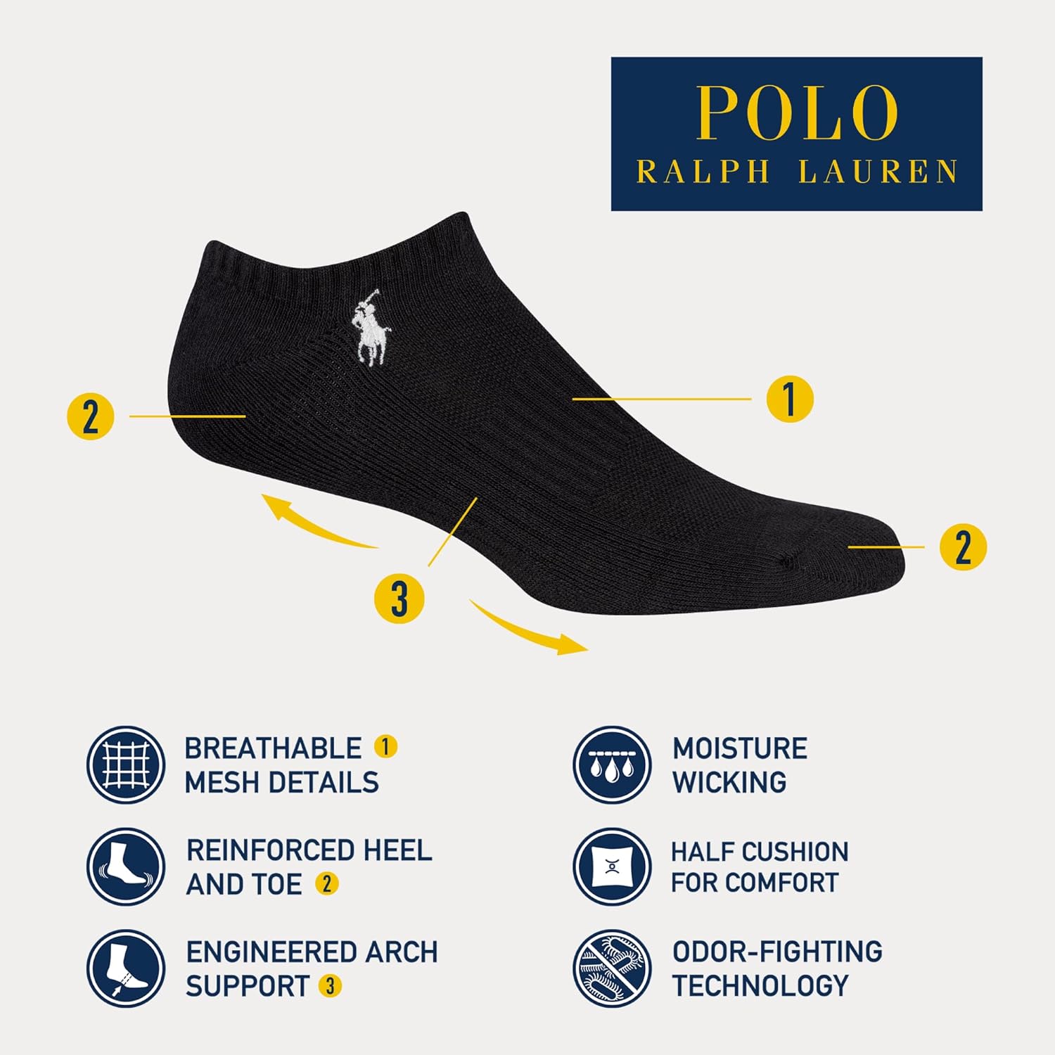 POLO RALPH LAUREN Мужские спортивные низкие хлопковые носки (6 пар), Black — фото 2