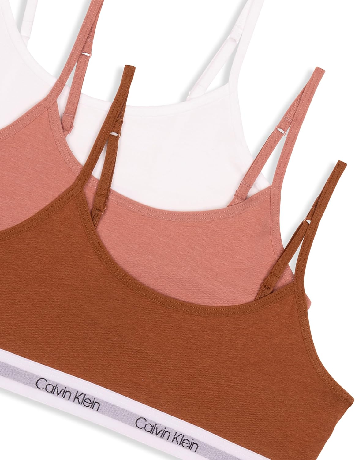 Укороченные хлопковые бюстгальтеры-бралетты Calvin Klein для девочек, упаковка из 3 шт., Modern Rose/Booming Brown/White — фото 3