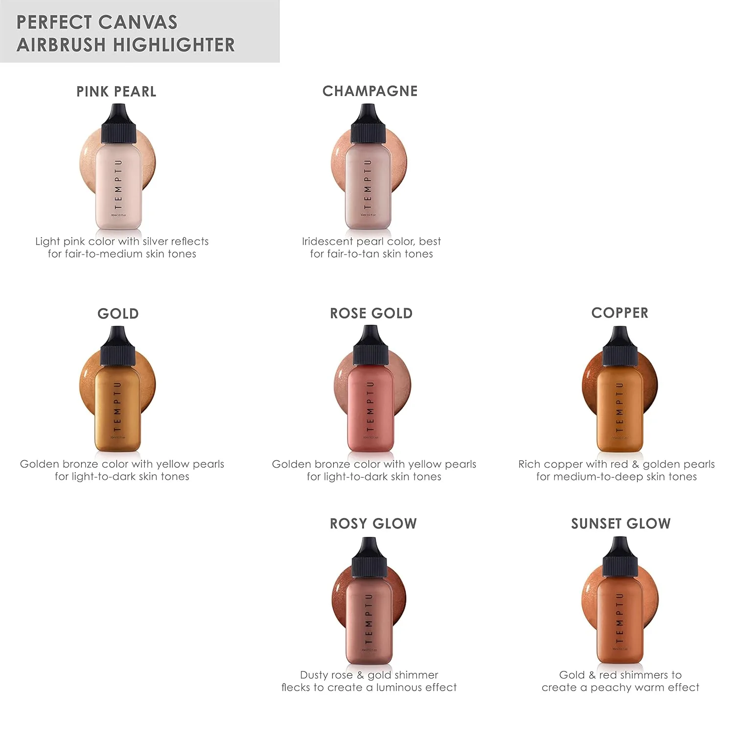 Хайлайтер TEMPTU Perfect Canvas Airbrush: стойкий, наслаиваемый, светоотражающее сияние и мерцание, естественное свечение, невесомый иллюминатор, формула с возможностью наслаивания, 7 оттенков., Sunset Glow — фото 3