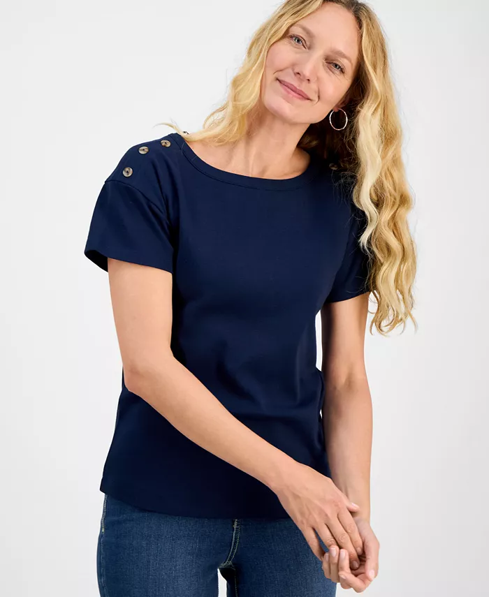 

Футболка с кнопками на плечах из хлопка, Petite Style & Co, синий