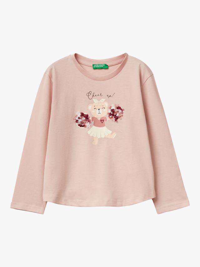 

Детская хлопковая футболка с длинным рукавом и принтом Benetton, Pink
