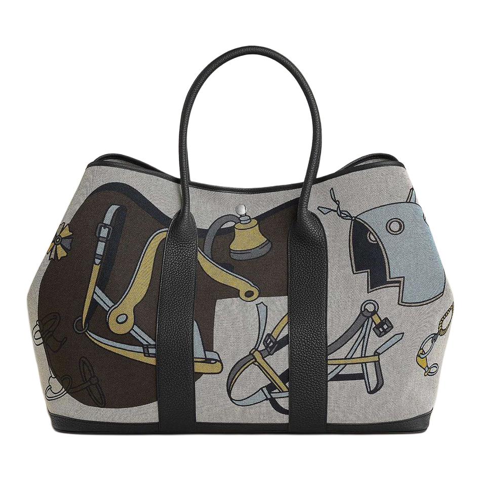 

HERMES Сумка Garden Party Canvas с телячьей кожей Negonda, женская, серо-черная, для садовой вечеринки