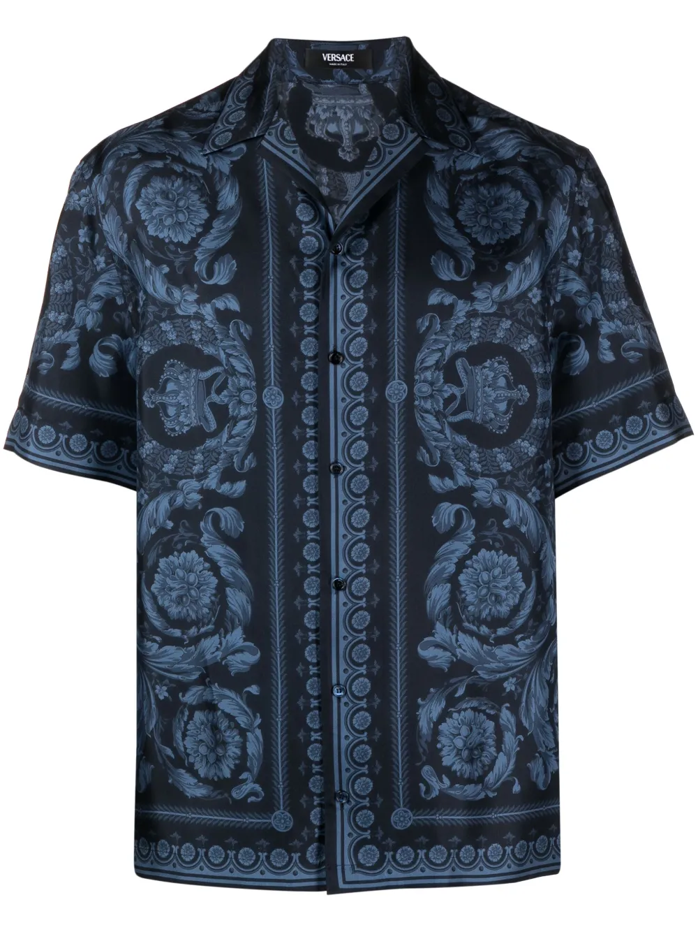 

Шелковая рубашка с короткими рукавами и принтом Barroco VERSACE, синий