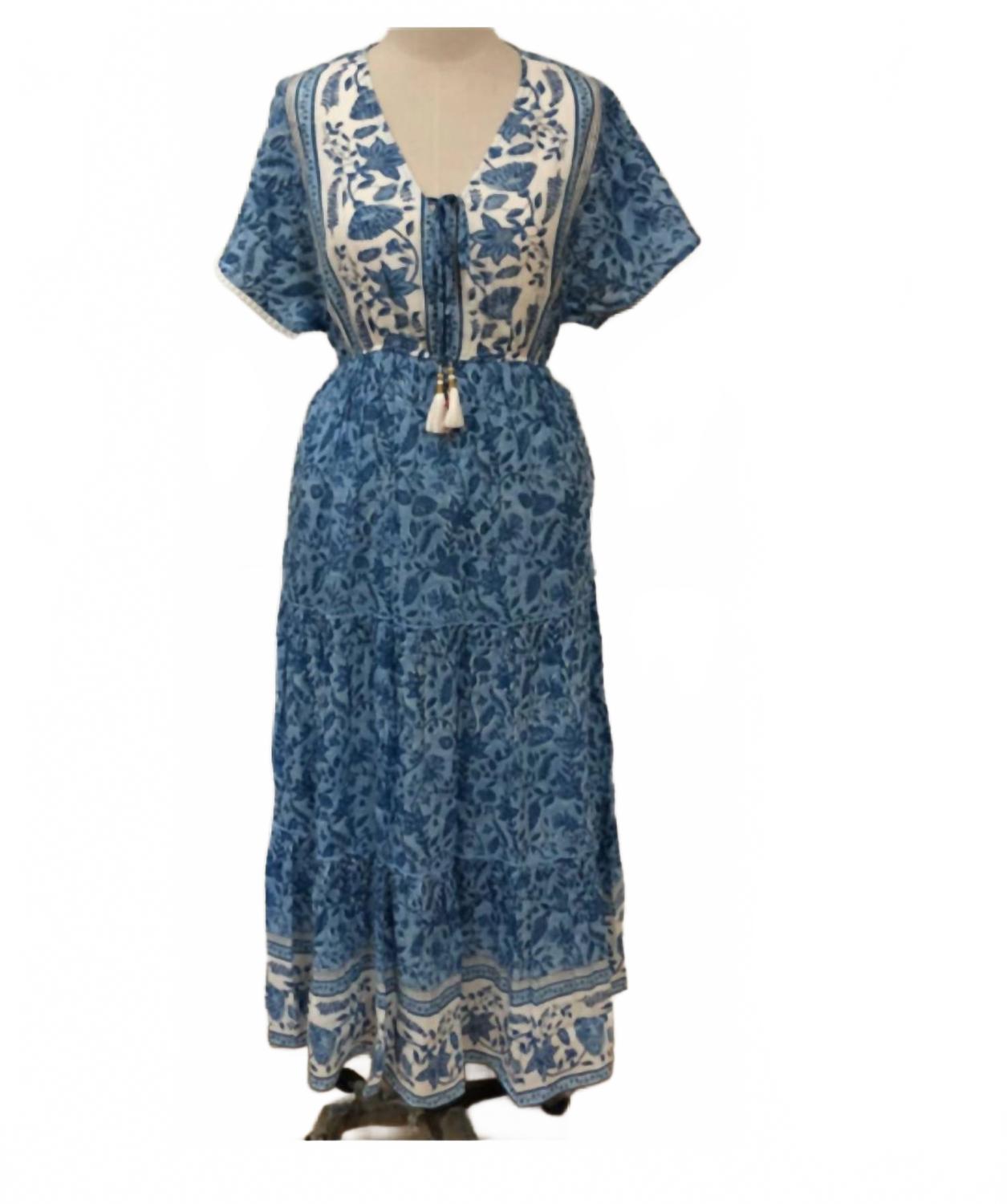 

Кэтрин Хлопковая шелковая макси-платье с V-образным вырезом в синем цвете Sal Rosa