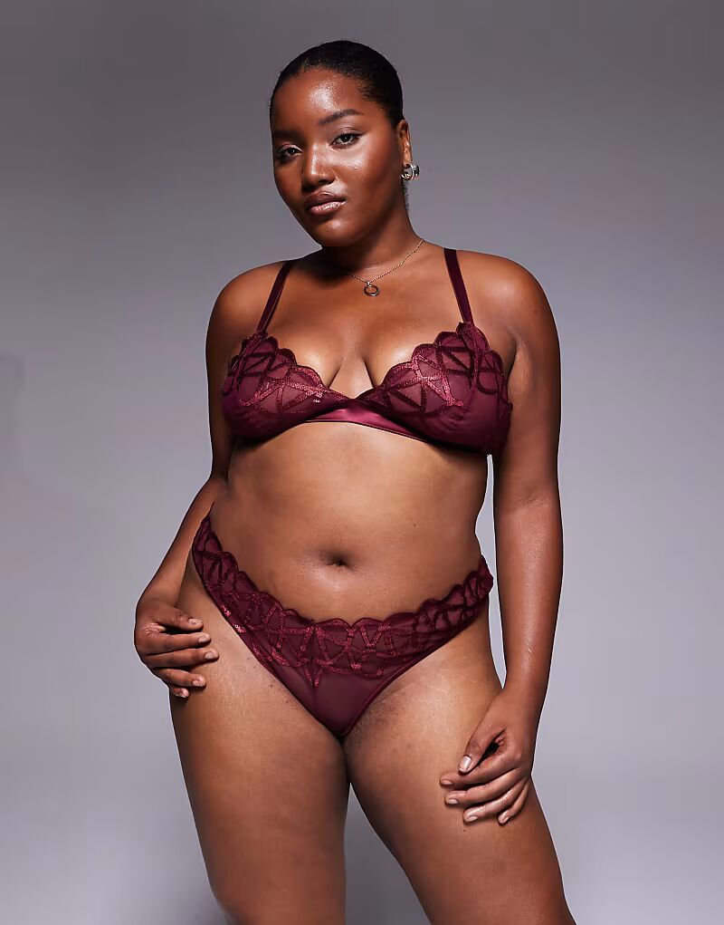 

Классические стринги Curve Simone премиум-класса с тонкой вышивкой и атласной окантовкой в бордовом цвете Asos Curve