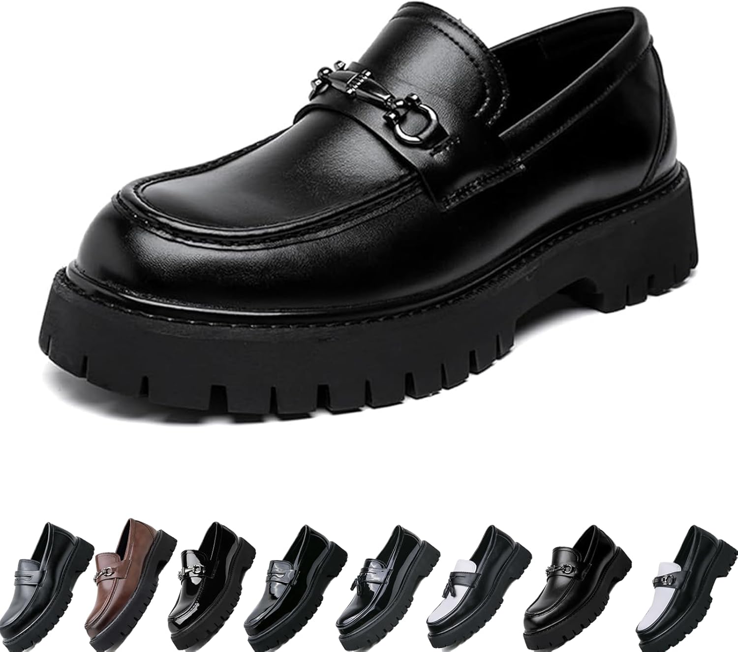 

Мужские лоферы на платформе из лакированной кожи, удобные, с противоскользящей подошвой, с круглым носком, стильные деловые туфли без шнурков для работы и повседневной носки Generic, черный
