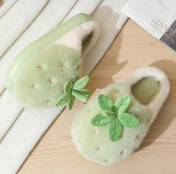 Мягкие плюшевые тапочки с клубникой для женщин и мужчин, теплые зимние тапочки, парный стиль, милые домашние туфли Yafirgeer, зеленый — фото 4