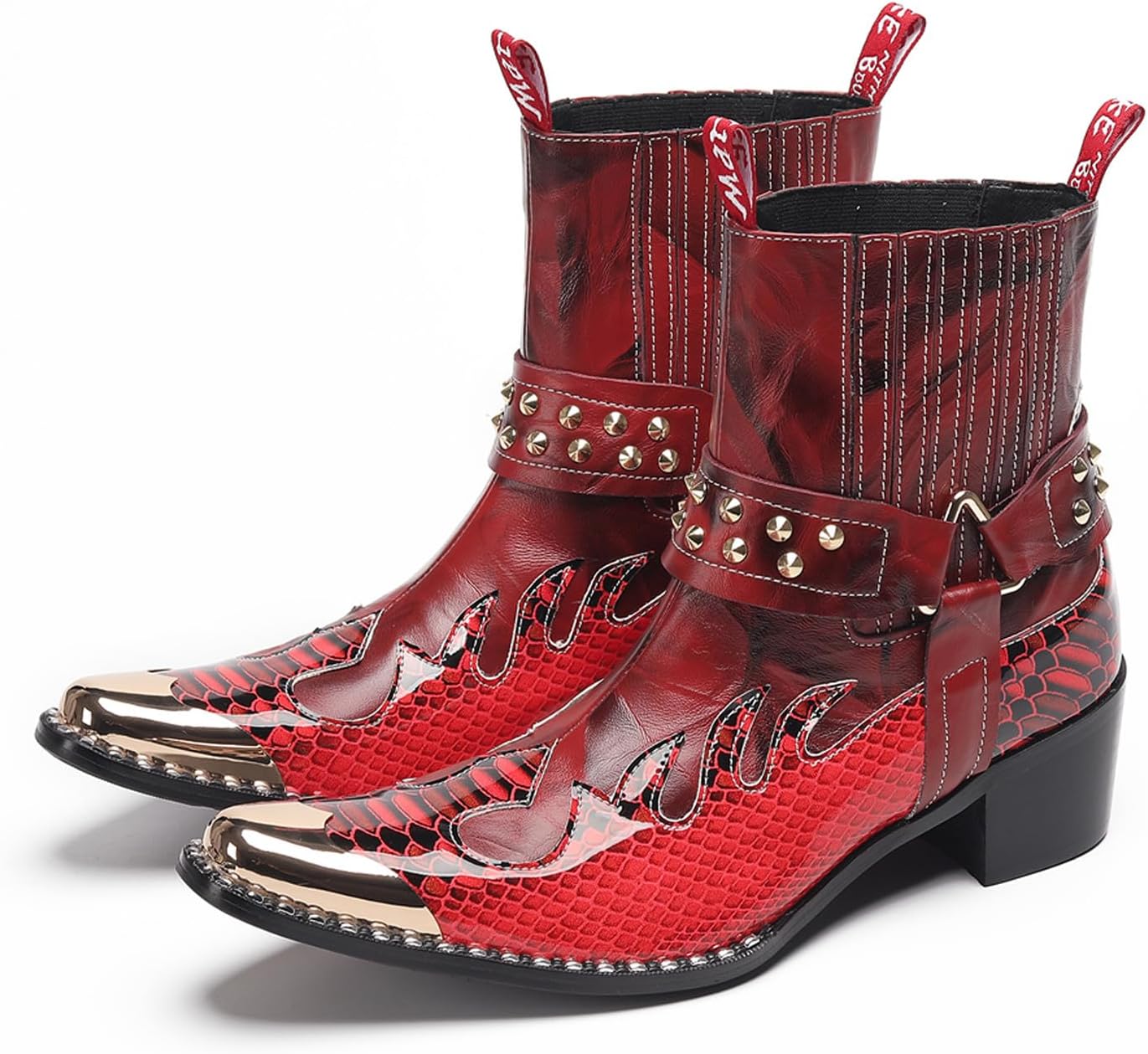 

Мужские кожаные западные ботинки Santimon с заклепками и металлическим квадратным носком - модные вечерние повседневные ботинки на кубинском каблуке для вечеринок и рок-звезд, красный