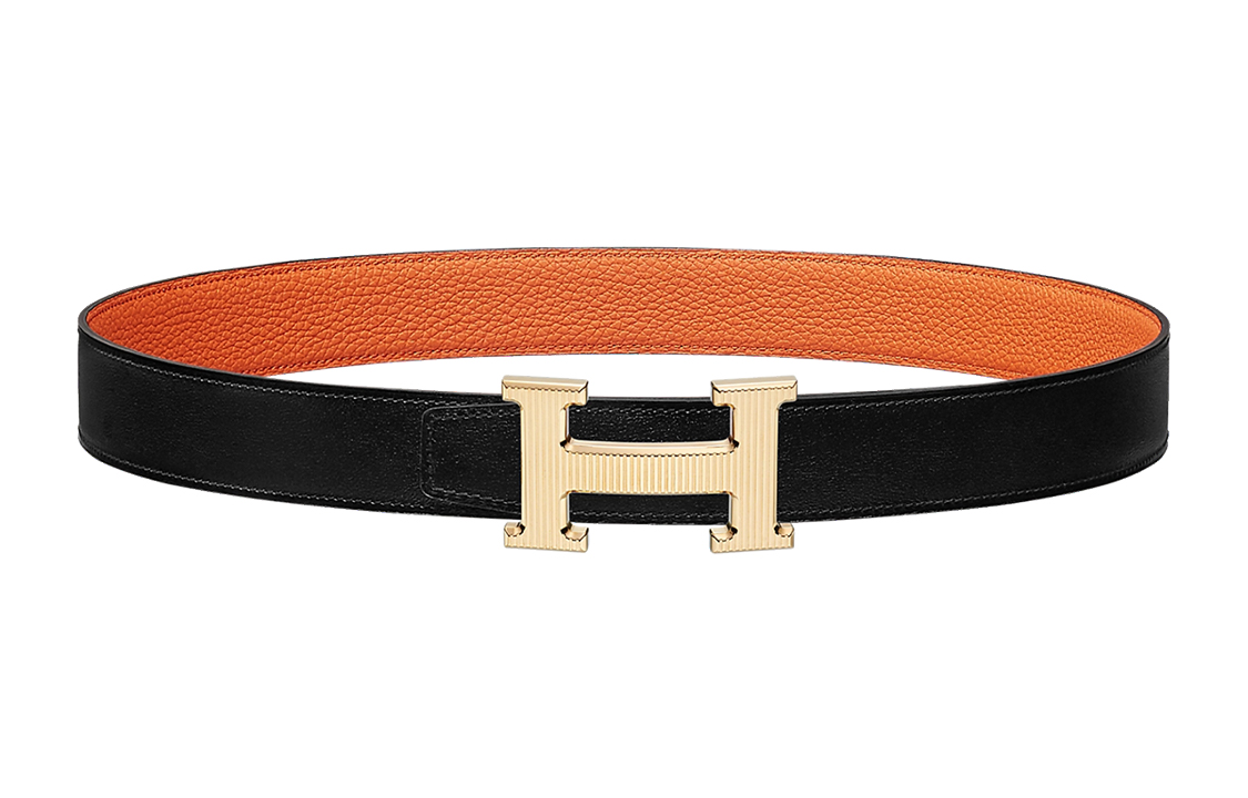 

HERMES Женский кожаный ремень из коровьей кожи с горизонтальными полосами черно-оранжевый шириной 3.2 см, Black/Orange