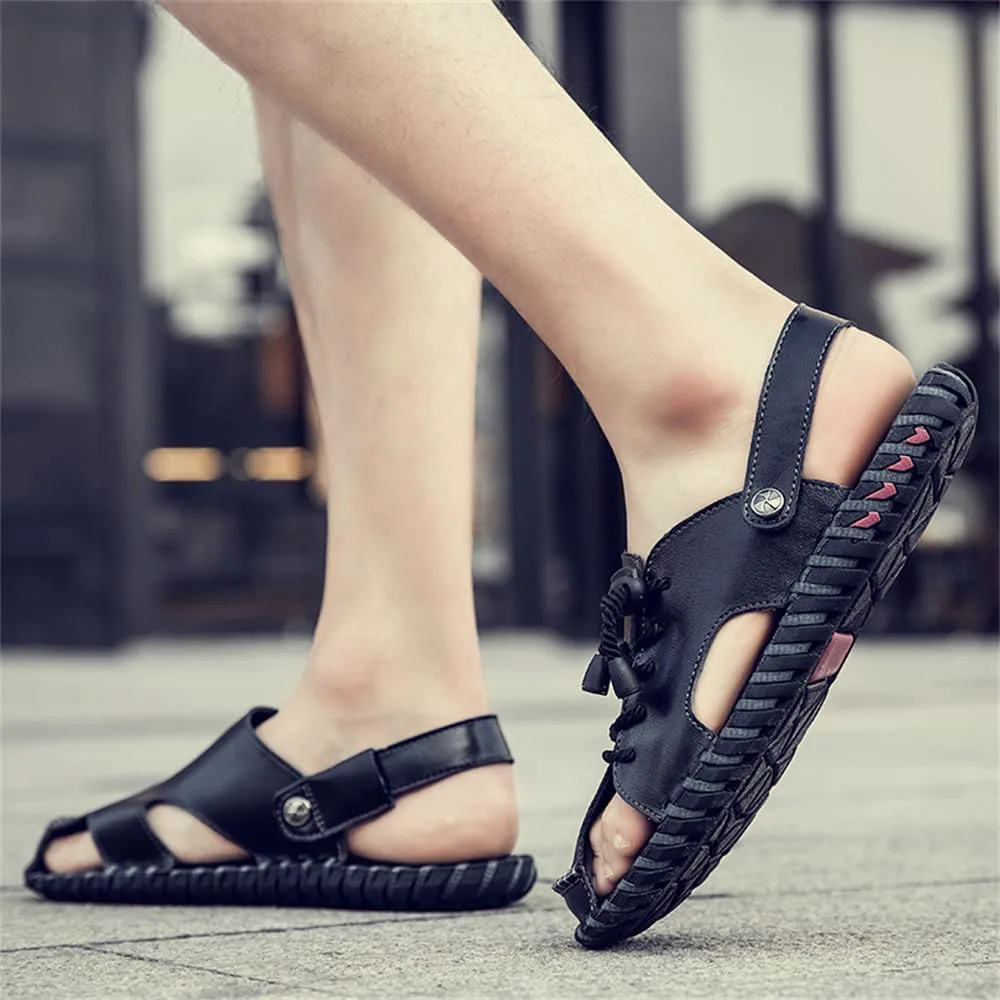 Men's Summer Handmade Leather Сандалии Casual Closed Toe Beach Fisherman Shoes Outdoor Sports Сандалии Abborora, черный — фото 3