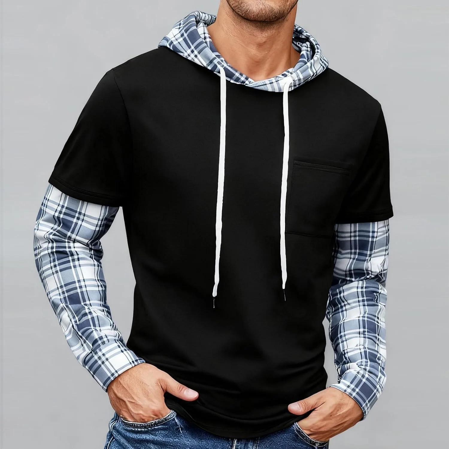 Толстовка с капюшоном для мужчин Plaid Patchwork 2 In 1 — фото 2