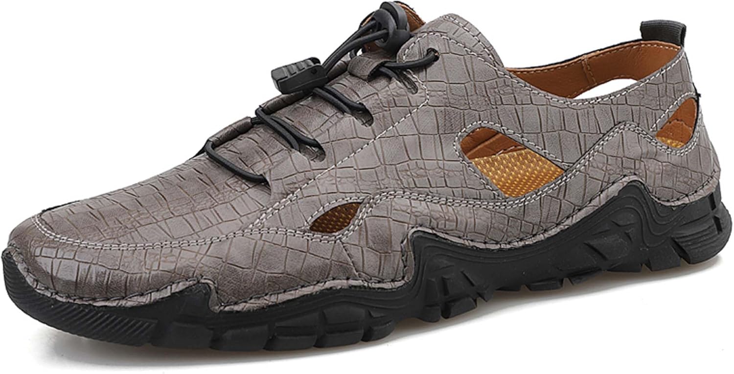 

Мужские летние сандалии с закрытым носком большого размера, повседневные кожаные с вырезами, для походов, рыбалки, пляжа, подходят для отдыха на природе, путешествий и работы Generic, серый