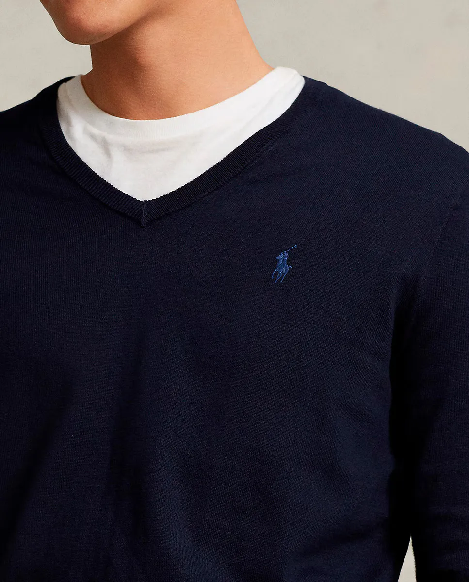 Мужской хлопковый свитер с V-образным вырезом Polo Ralph Lauren, темно-синий — фото 3
