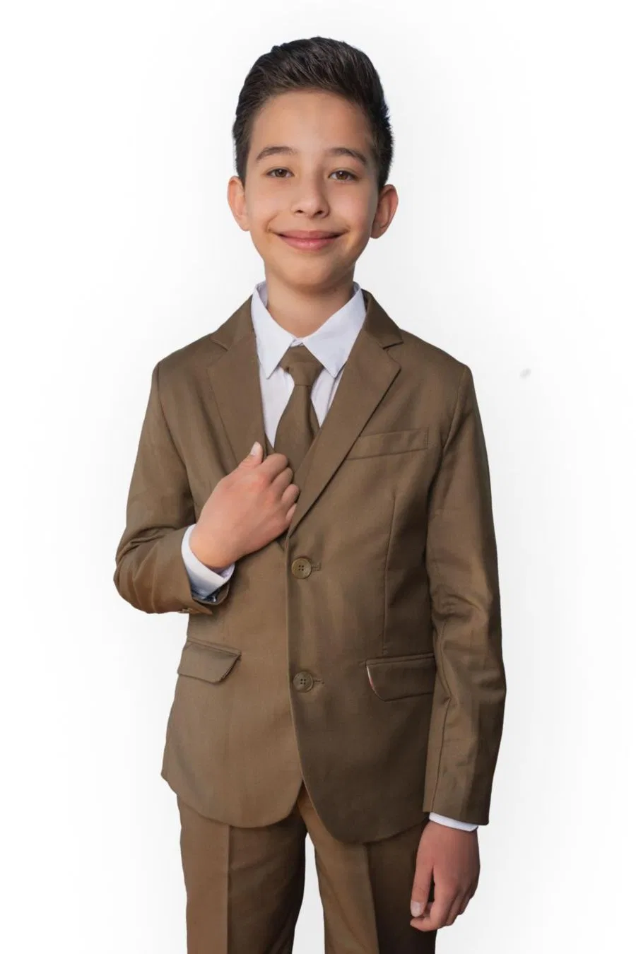 Костюм 007 Slim Fit для маленьких и больших мальчиков, состоящий из 5 предметов: рубашка, галстук, пиджак, жилет и брюки Peanut Butter Collection, мокко — фото 3