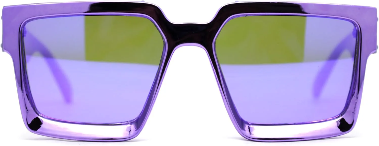 

SA106 Эффектные металлические пластиковые солнцезащитные очки с цветными зеркальными линзами и прямоугольной оправой в виде рогов макаки, Purple - Purple Mirror