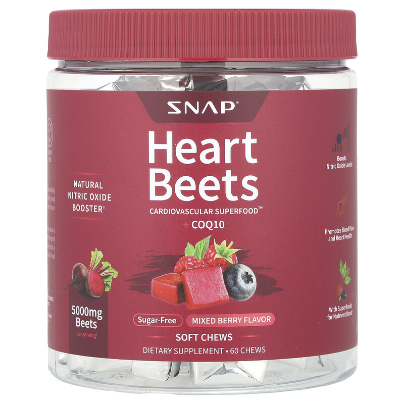

Snap Supplements, Heart Beets + CoQ10, ягодное ассорти, 60 жевательных таблеток