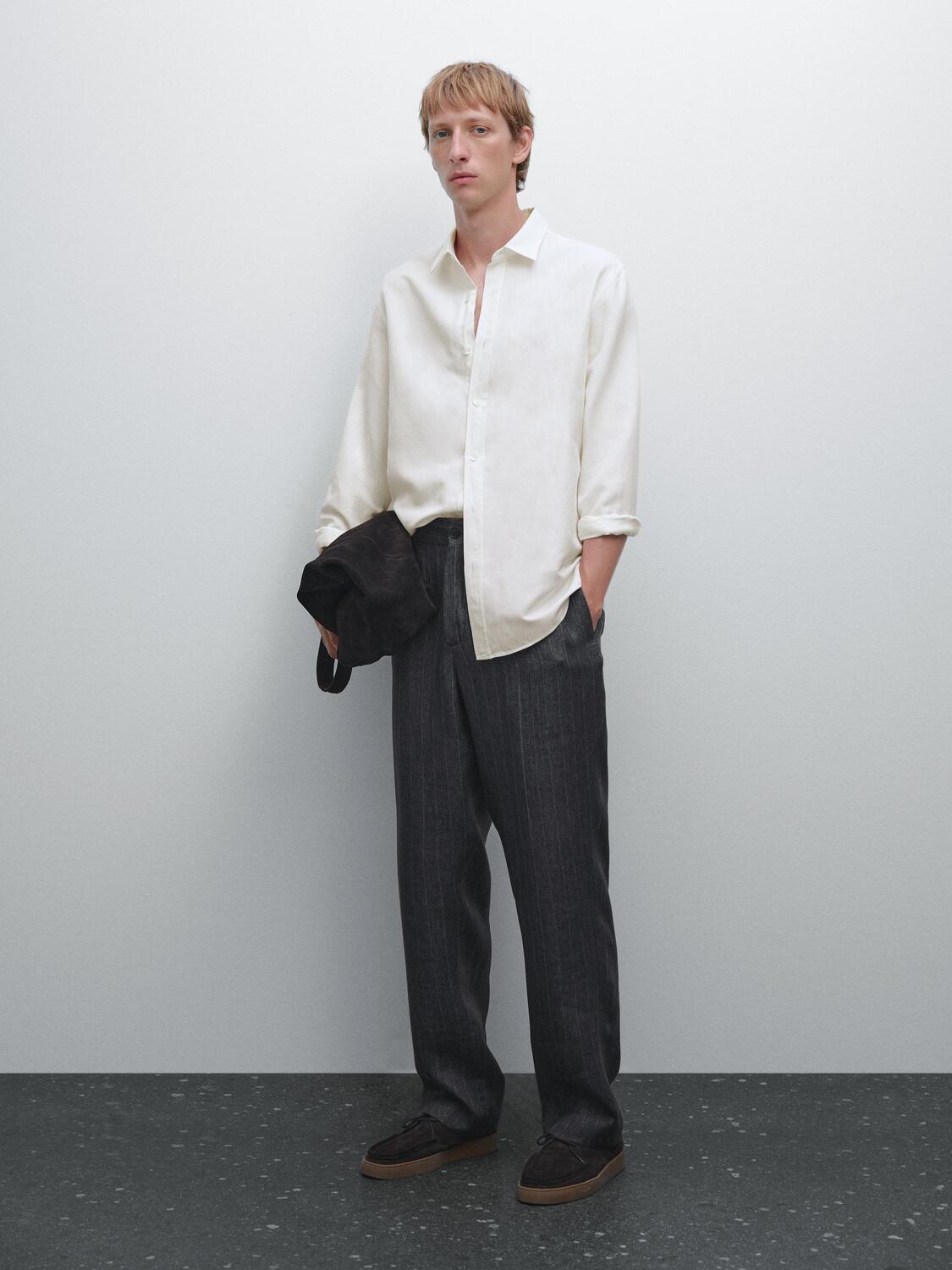 

Рубашка классического кроя из льняной смеси Massimo Dutti, бежевый