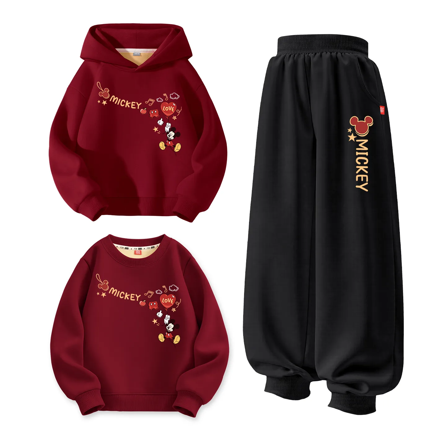Disney Kids Tang Suits Crew Neck Thickness, [Thickened and Fleece-Lined]Di New Year Qi Right Upper Burgundy+Di New Year Qi Black+Di New Year Qi Right Upper Burgundy