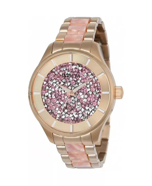 

Женские кварцевые часы Angel с тремя стрелками, розовым циферблатом и браслетом из нержавеющей стали Invicta, gold
