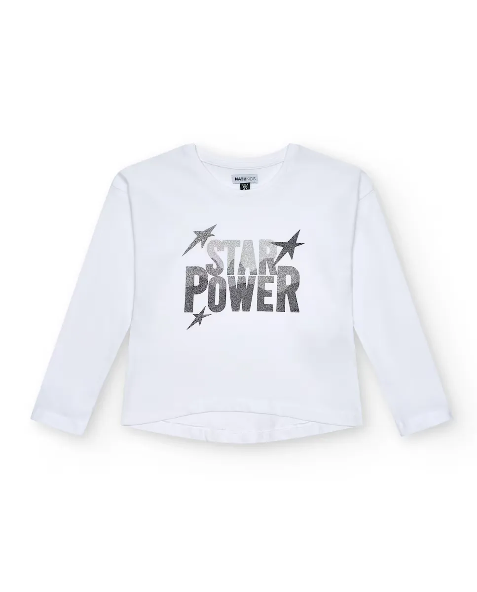 

Белая футболка для девочек с серебряной надписью «Star Power» Tuc tuc