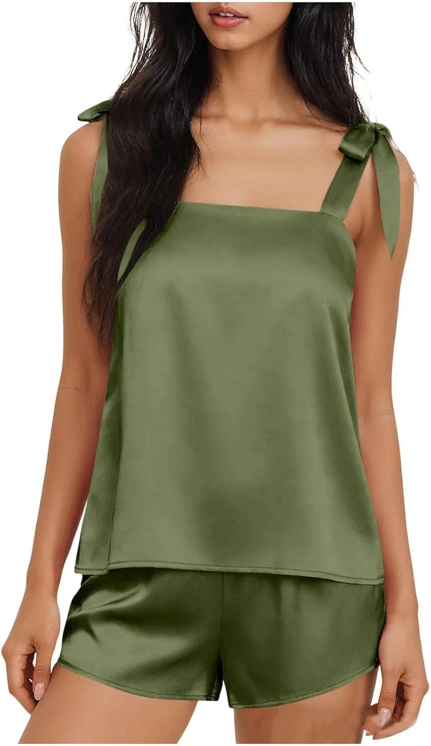 Комплект пижамы шелковый, бант, Green