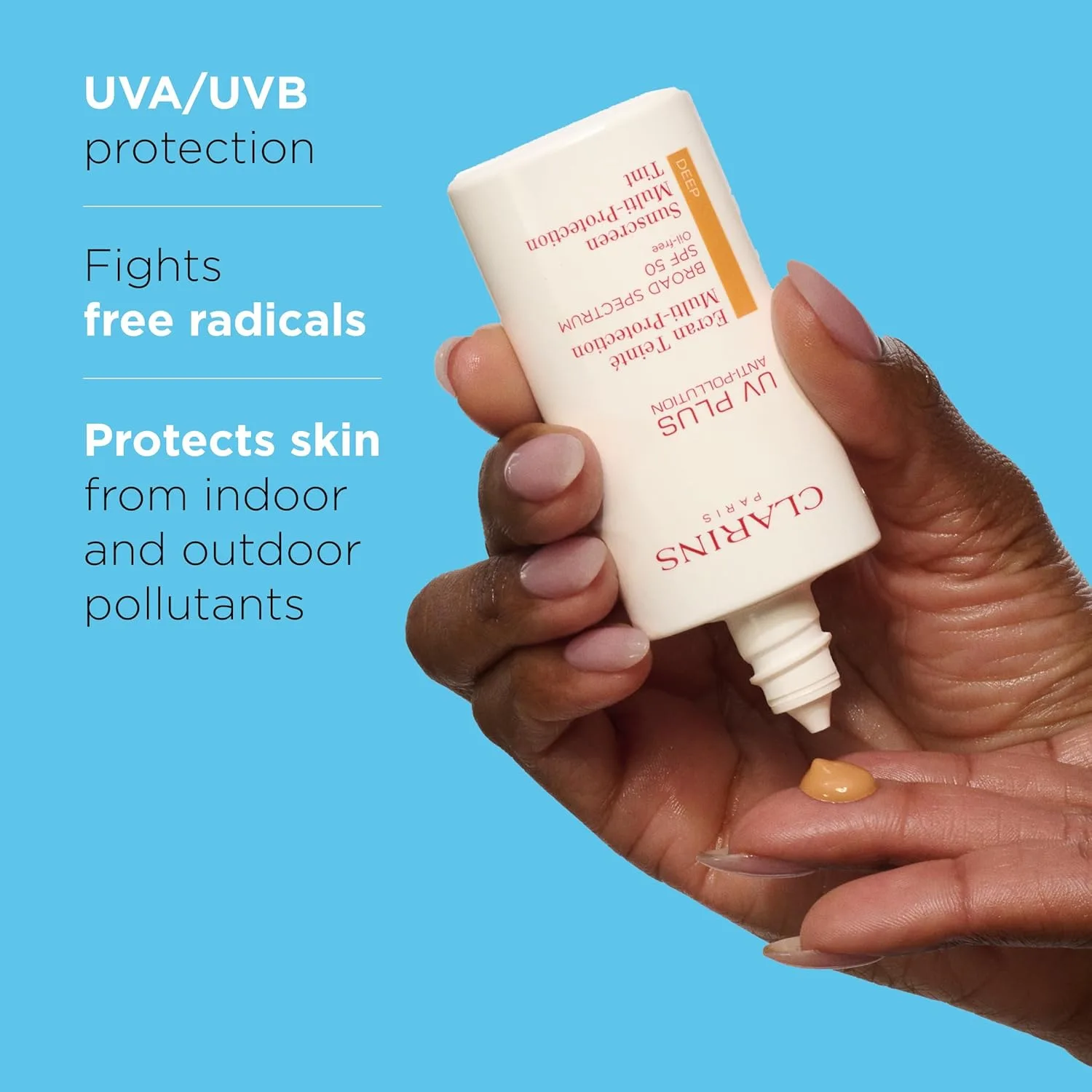 Clarins UV Plus Anti-Pollution тонирующий солнцезащитный крем для лица SPF 50 широкого спектра, легкий, без масла, тройная защита от UVA/UVB лучей, свободных радикалов и загрязнений, Deep — фото 2