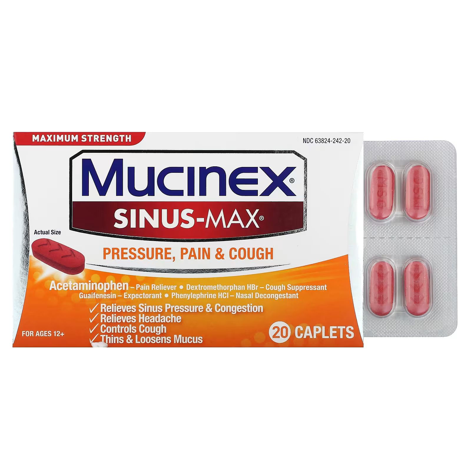 

Sinus-Max, Давление, боль и кашель, для детей от 12 лет, 20 капсул Mucinex