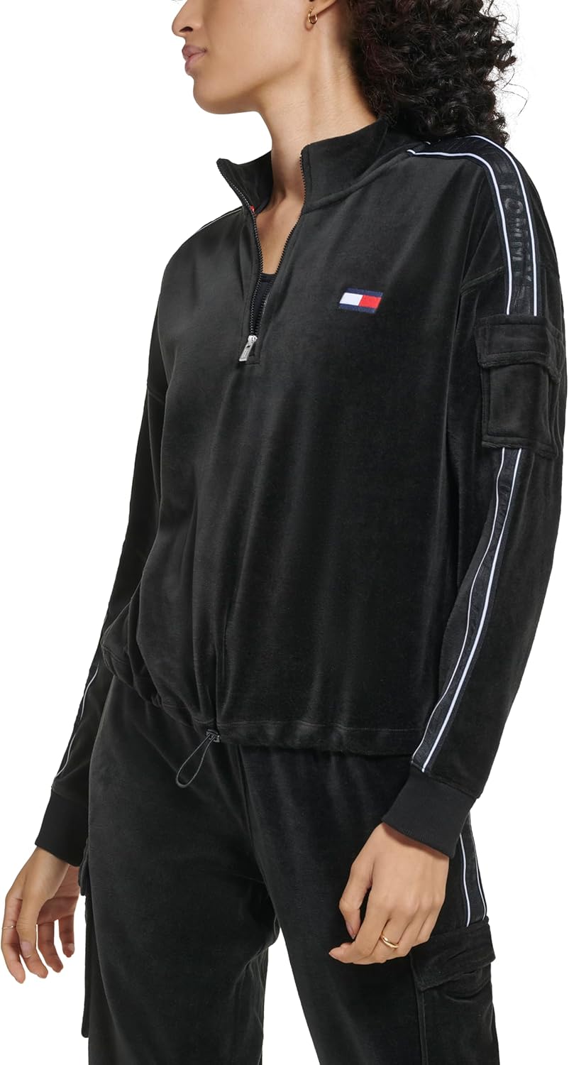 Женская велюровая толстовка-карго Tommy Hilfiger с застежкой-молнией Quarter Zip, Black — фото 3