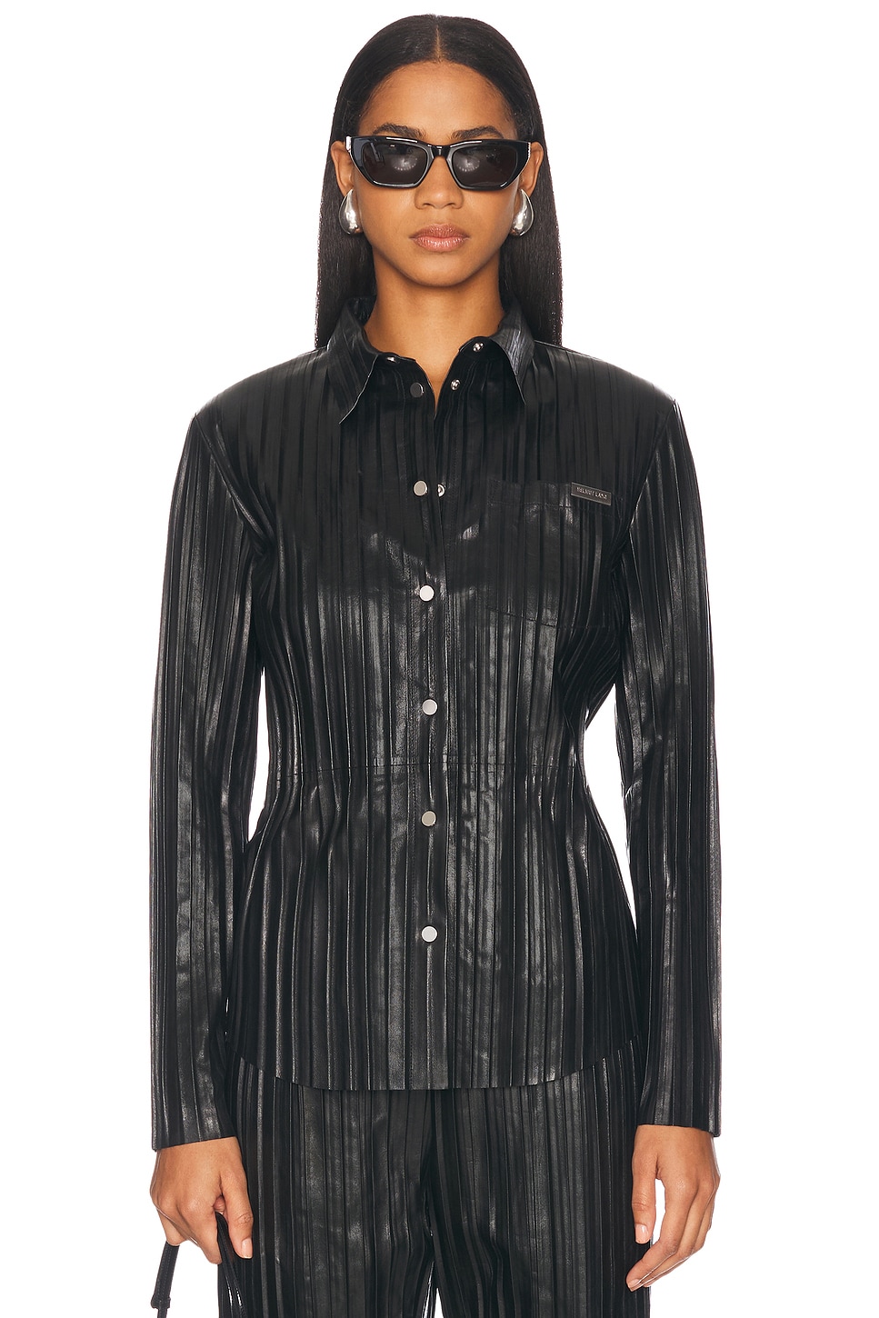 

Женский плиссированный топ из кожи на пуговицах Helmut Lang, Black