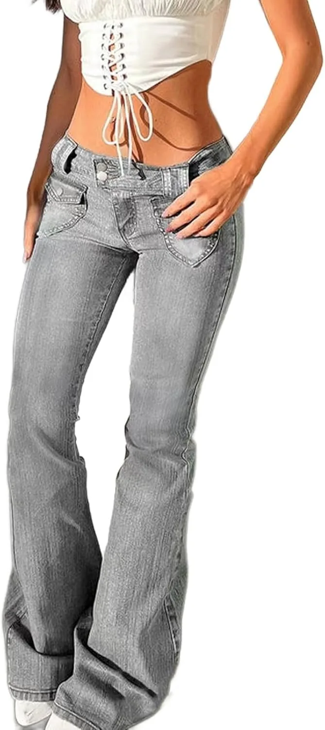 

Женские винтажные джинсы low rise flare Y2k 90s distressed stretchy bell bottom с карманами
