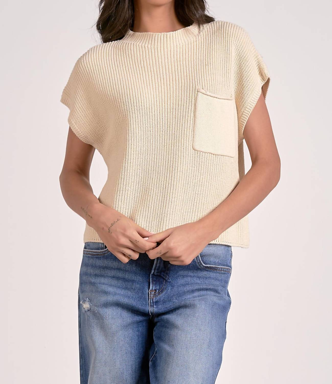

Sweater Cap Sleeve Crew Neck Top In Beige ELAN