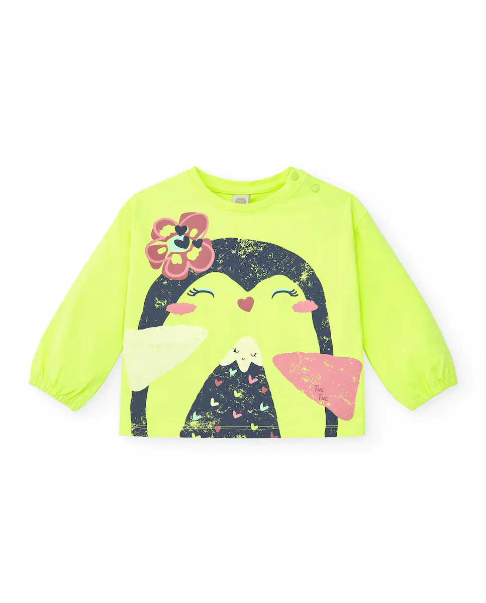 

Неоново-зеленая футболка для девочки с изображением пингвина Tuc tuc