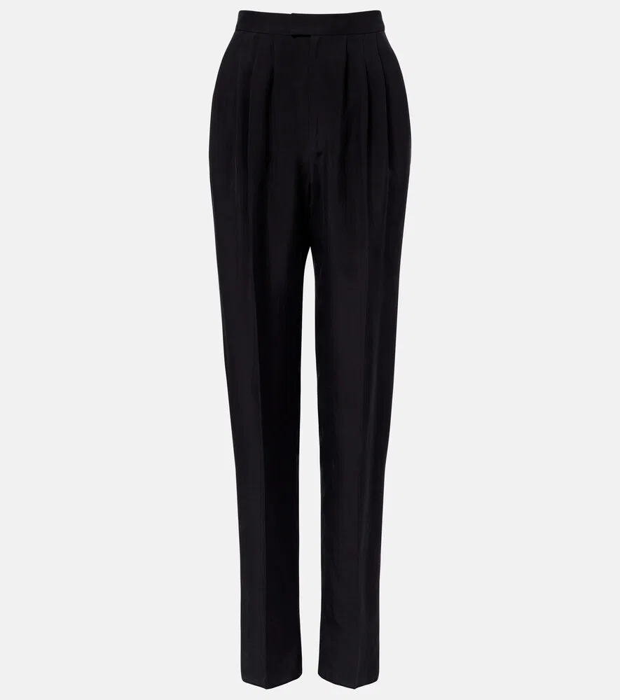 Прямые брюки из плиссированного шелка Saint Laurent, черный